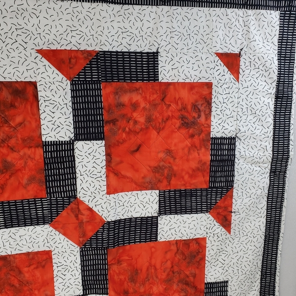 Handmade Geometric Patchwork Quilt Lap Blanket Orange Red Black White Size 45" - Picture 4 of 9
